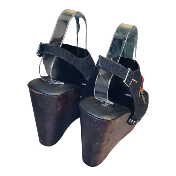 Torrid Embroidered Applique Rose Wooden Wedge Platform Slingback Sandals Black - Picture 4 of 14